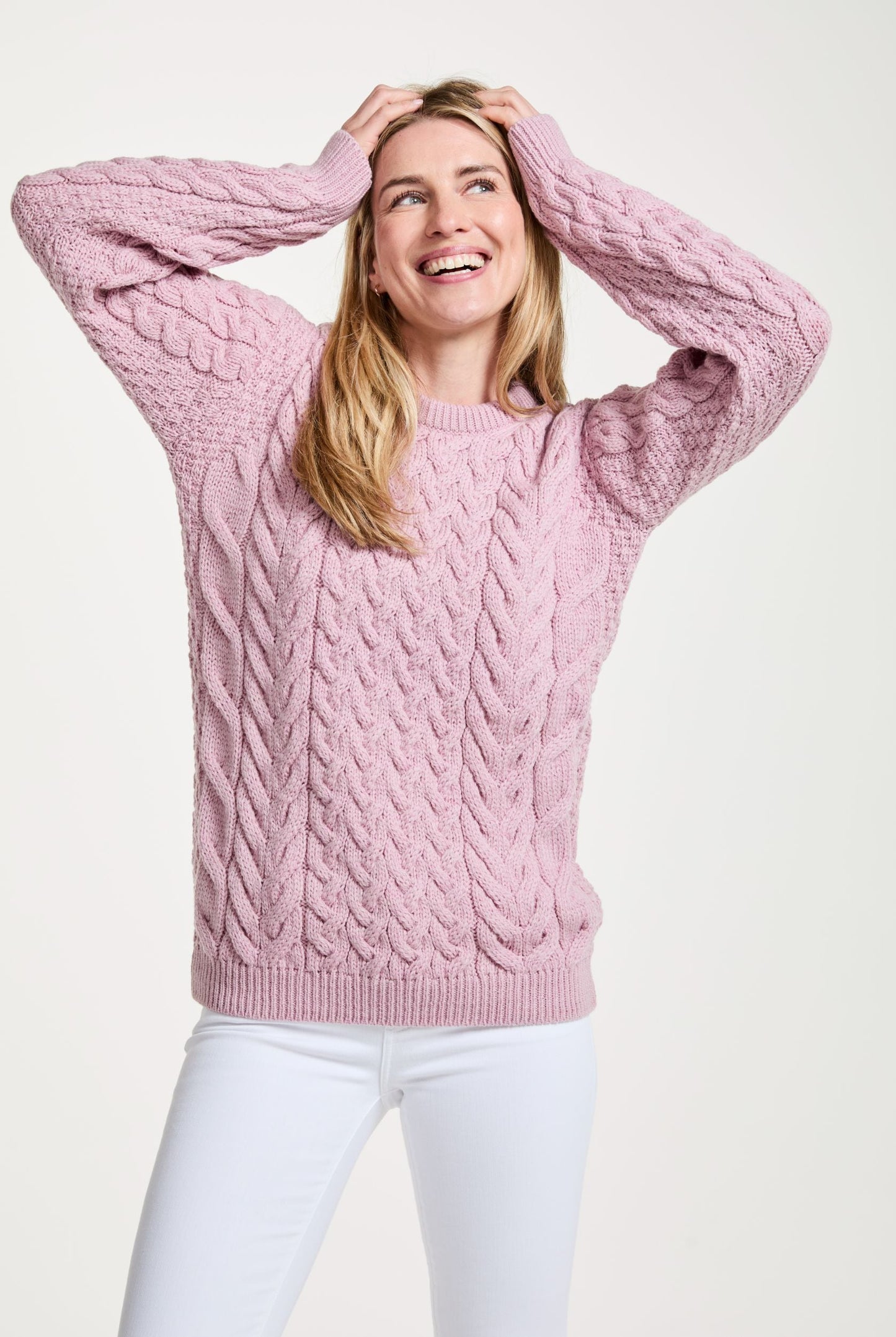 Omey Ladies Cable & Weave Aran Crew - Pink