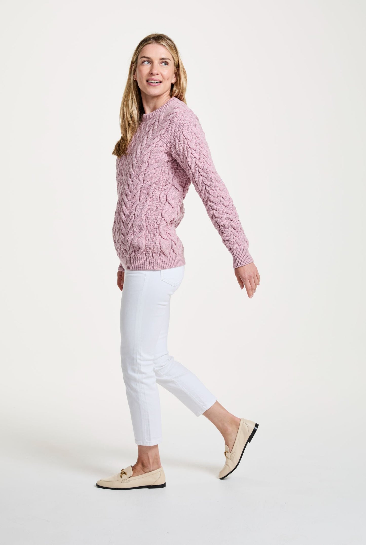 Omey Ladies Cable & Weave Aran Crew - Pink