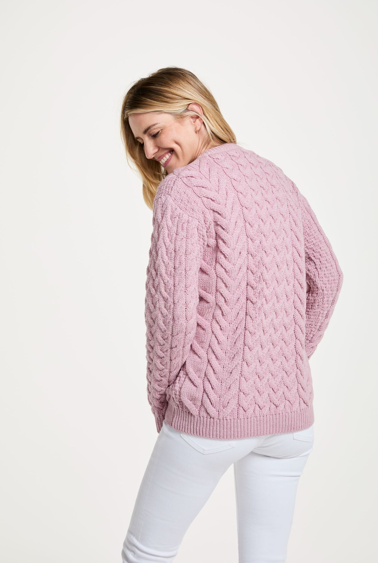 Omey Ladies Cable & Weave Aran Crew - Pink