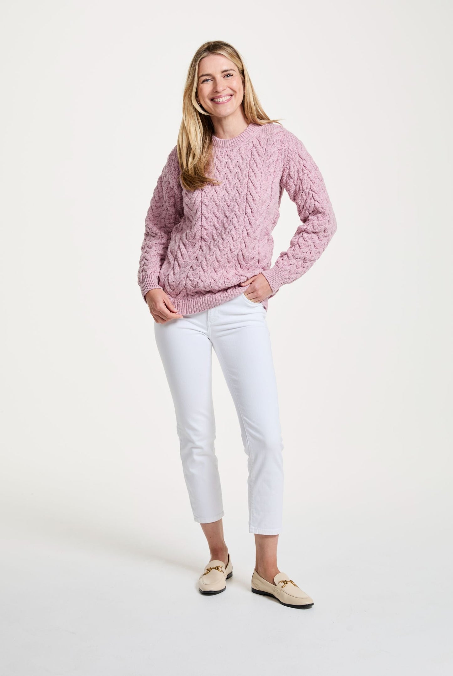 Omey Ladies Cable & Weave Aran Crew - Pink