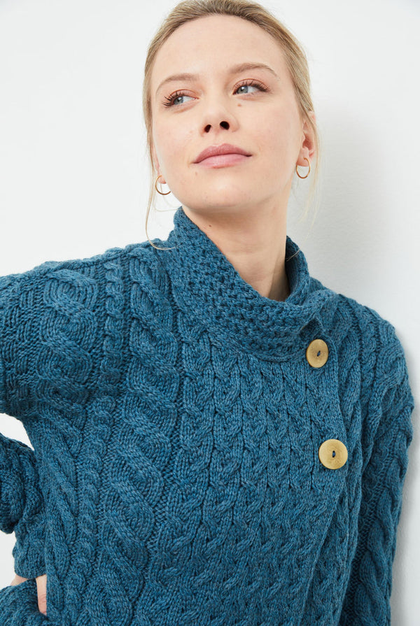 Louisburgh Ladies Cable Aran Cardigan - Irish Sea