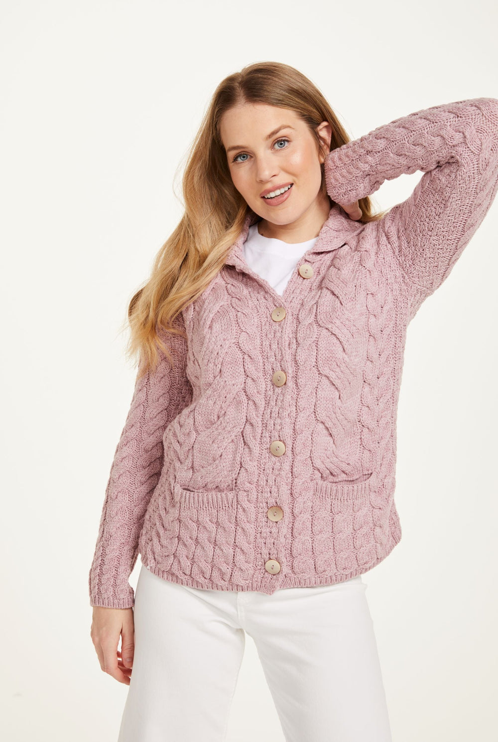 Belcarra Ladies Aran Cardigan - Blush Pink