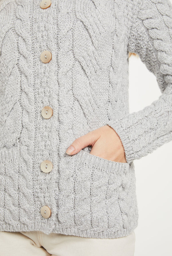 Belcarra Ladies Aran Cardigan - Feathered Grey