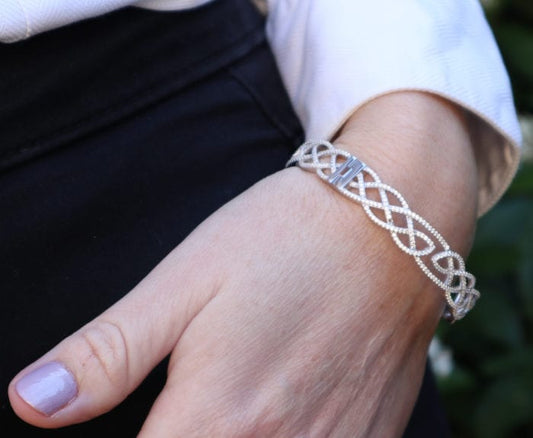 Silver Interlaced Celtic Knot Bangle With Cubic Zirconia