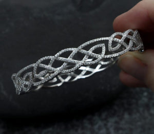 Silver Interlaced Celtic Knot Bangle With Cubic Zirconia