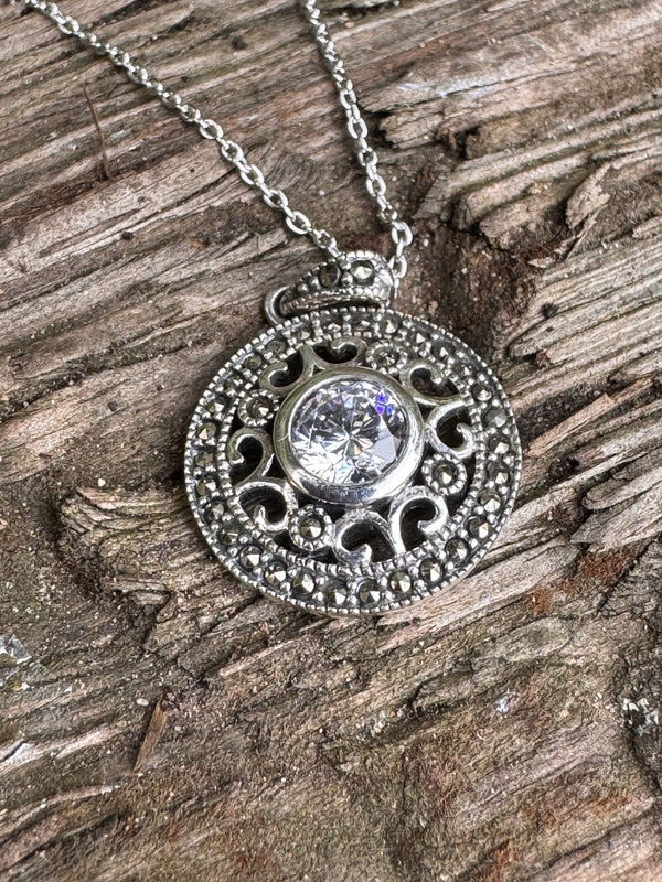 Sterling Silver Celtic Marcasite CZ Stone Pendant