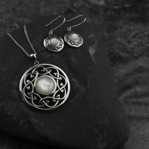 Mother Of Pearl Arian Celtic Knot Silver Earrings