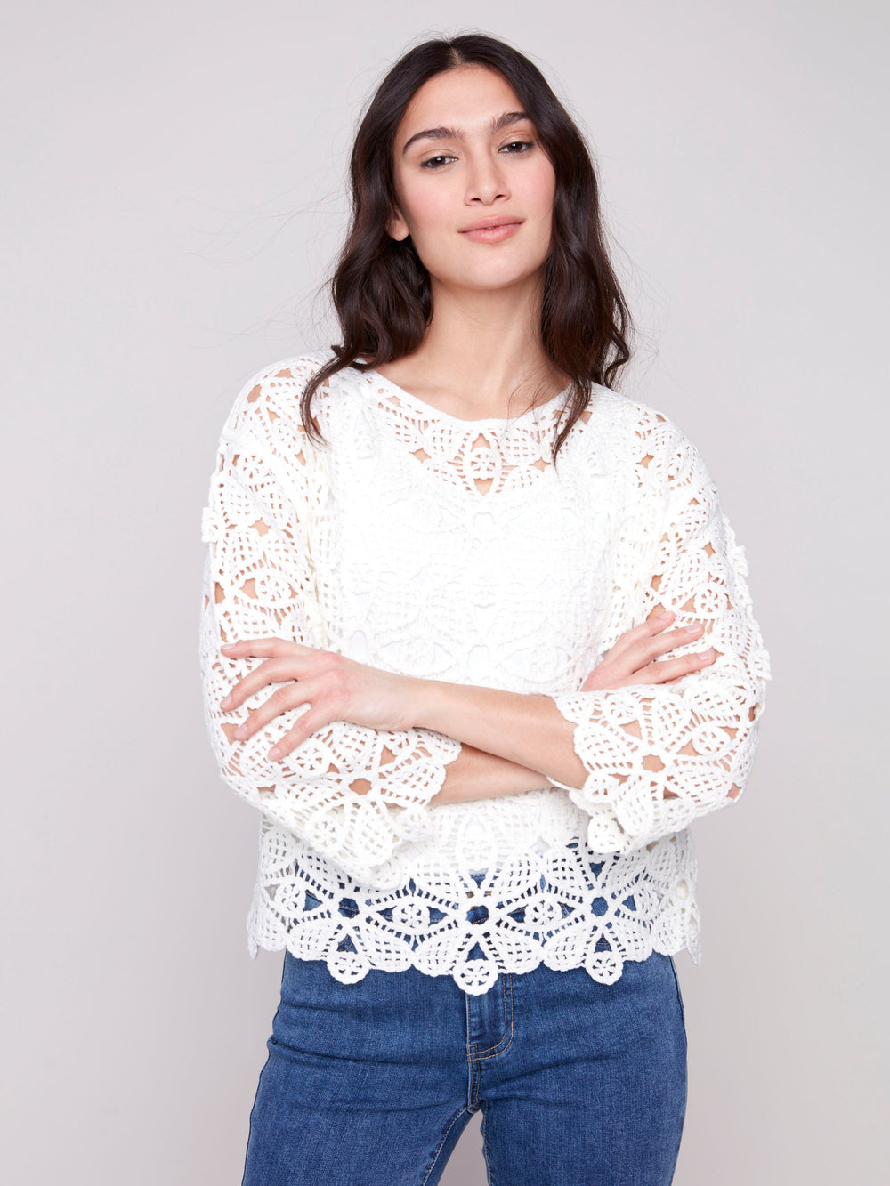 Cotton Blend Crochet Top - Natural