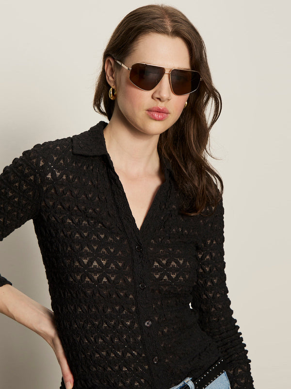Dream Girl Lace Button Up - Black