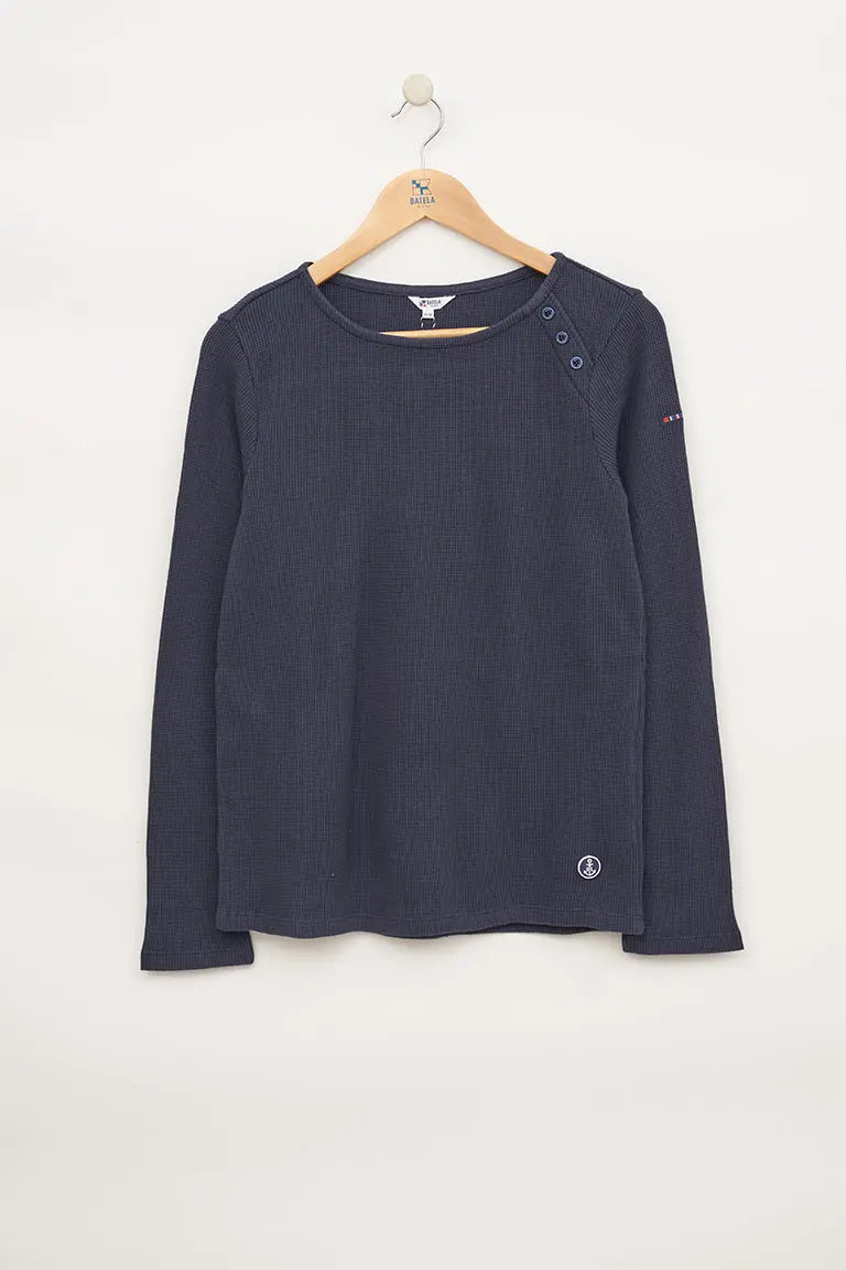 Long Sleeve Waffle Shirt w/ Side Buttons - Navy