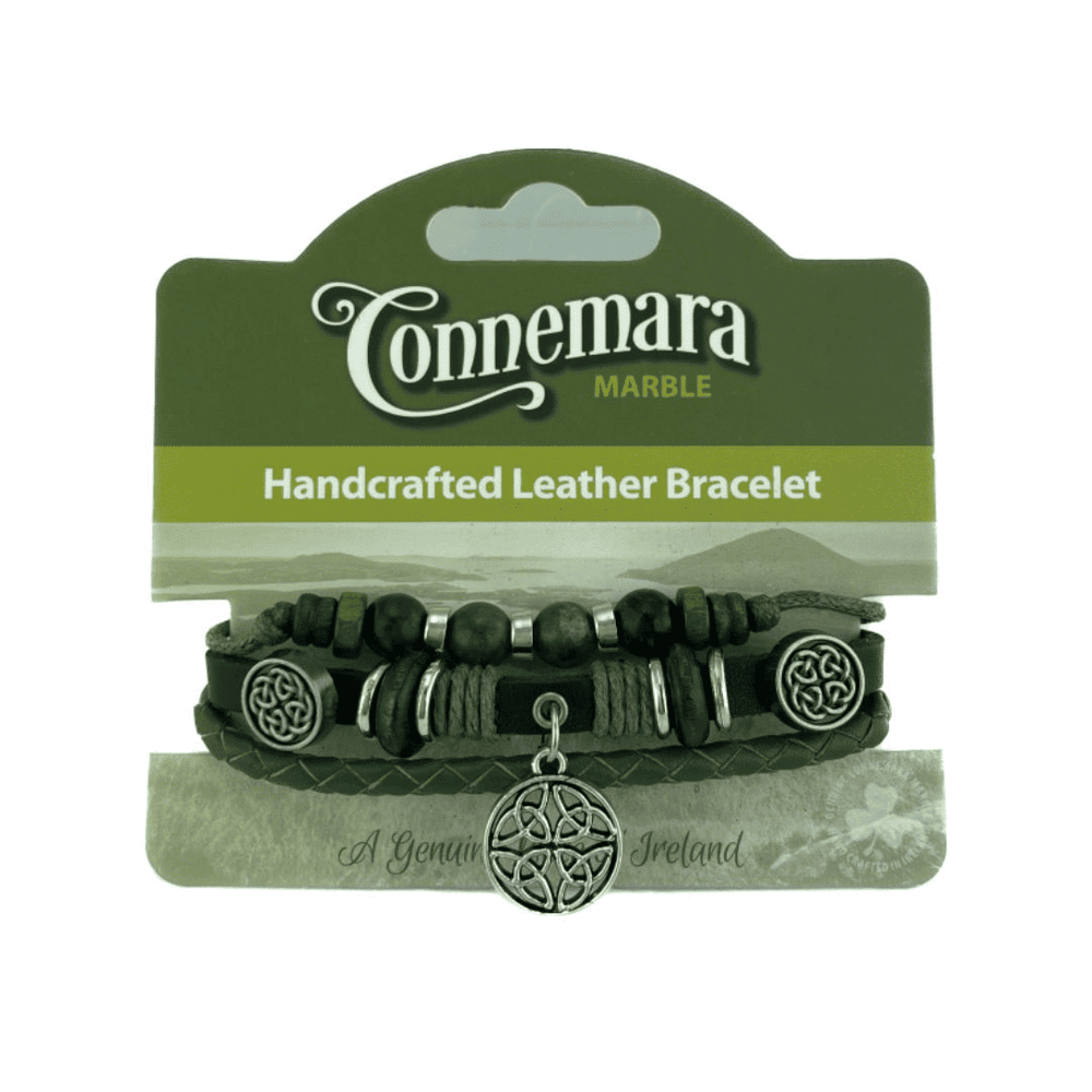 Leather & Connemara Marble Hippie Bracelet -  Four Celtic Trinity Knots