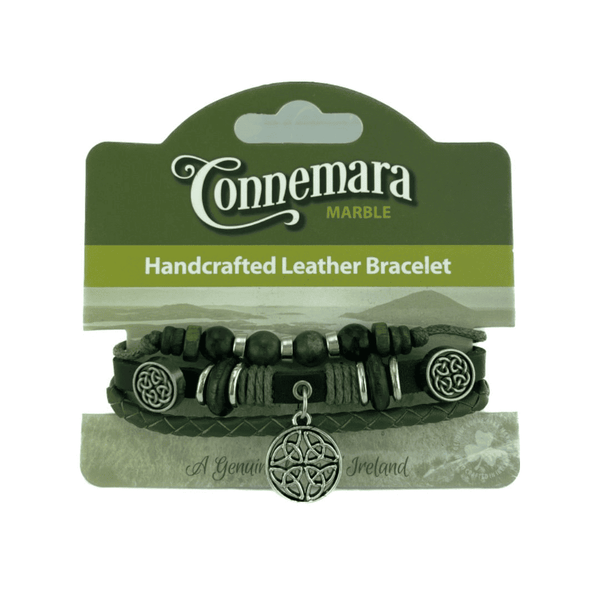 Leather & Connemara Marble Hippie Bracelet -  Four Celtic Trinity Knots
