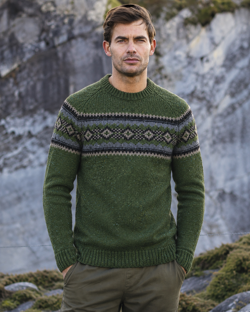 FL909M Fairisle Crew Pullover - Seaweed