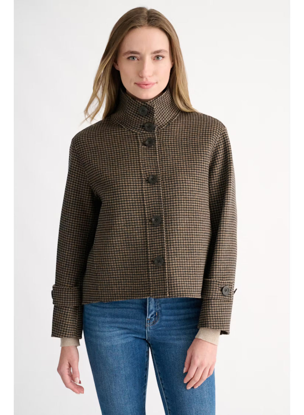 Houndstooth Button Mock Neck Coat