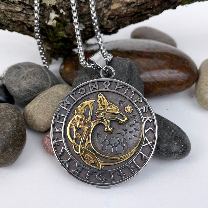 Woldhound  Encircled with Runes and Gold Detail Pendant