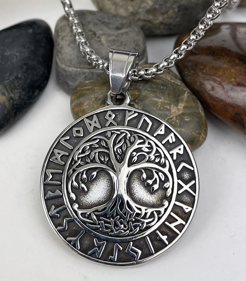 Men's Tree of Life in Circle of Rune Stainless Steel Pendant