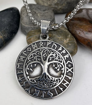 Men's Tree of Life in Circle of Rune Stainless Steel Pendant