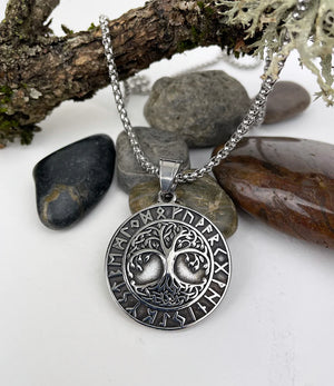Men's Tree of Life in Circle of Rune Stainless Steel Pendant