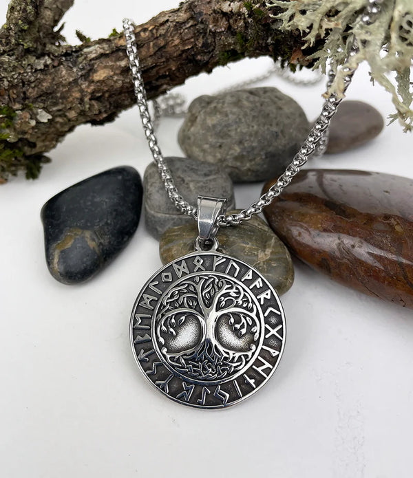 Men's Tree of Life in Circle of Rune Stainless Steel Pendant