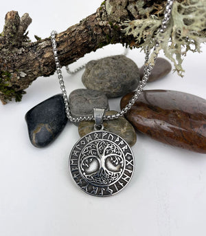 Men's Tree of Life in Circle of Rune Stainless Steel Pendant