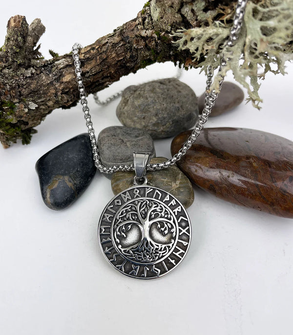 Men's Tree of Life in Circle of Rune Stainless Steel Pendant