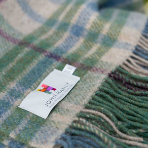 Large Irish Wool Blanket - Denim, Green, Camel & Burgundy Plaid