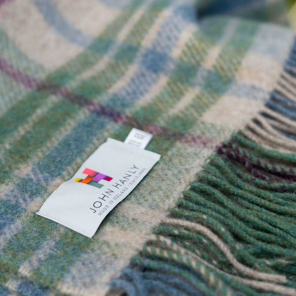 Large Irish Wool Blanket - Denim, Green, Camel & Burgundy Plaid