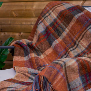 Large Irish Wool Blanket - Brown, Orange & Blue Plaid