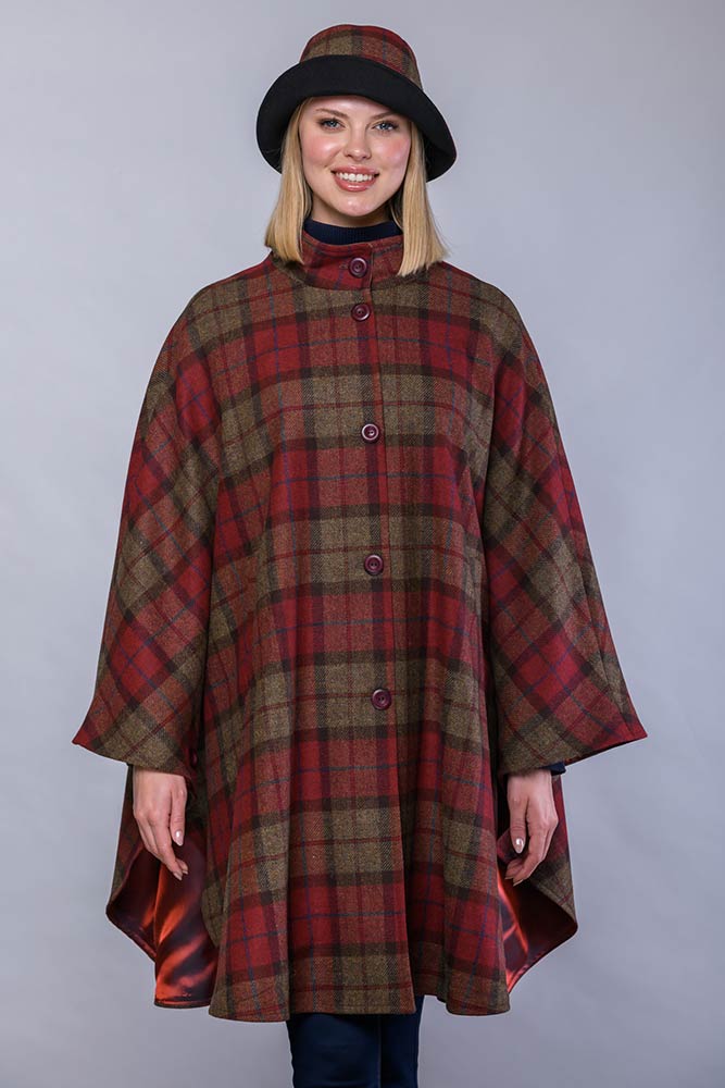Dunloe Tweed Cape - Red & Brown Plaid