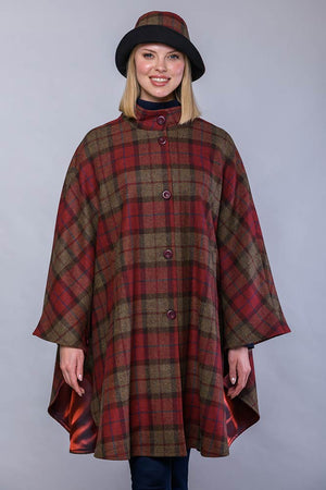 Dunloe Tweed Cape - Red & Brown Plaid