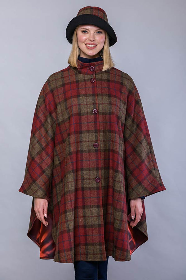 Dunloe Tweed Cape - Red & Brown Plaid