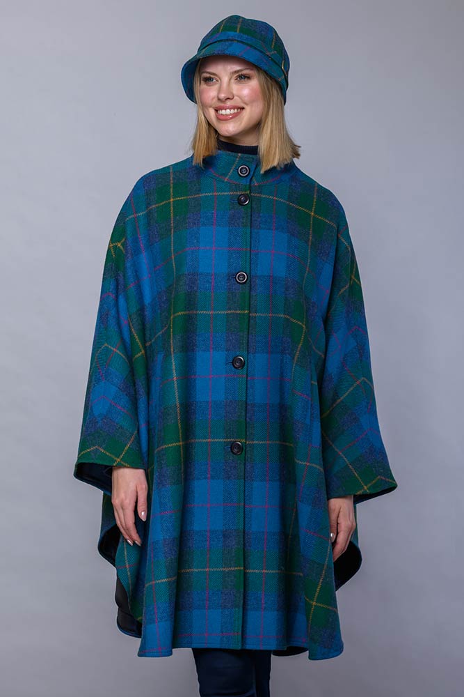 Dunloe Tweed Cape - Green & Blue Plaid