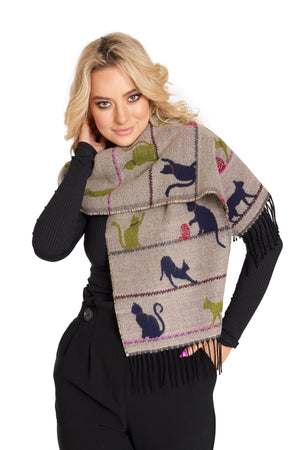 Scarf Cats Motif - 18 Natural