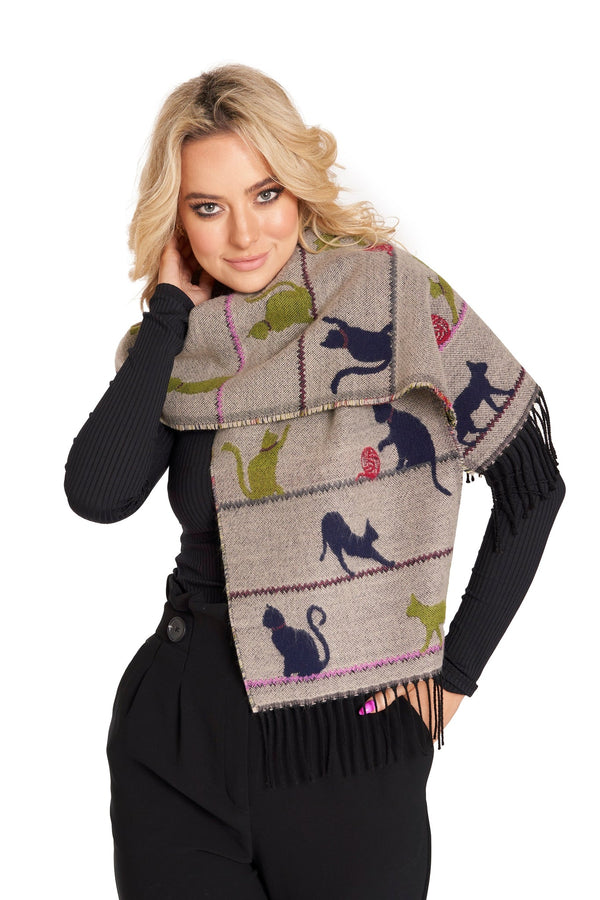 Scarf Cats Motif - 18 Natural