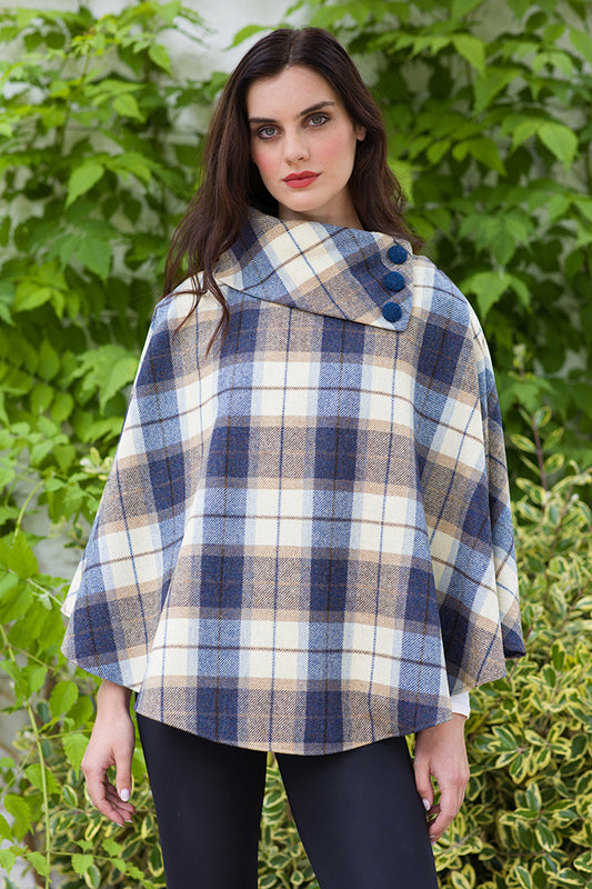 Irish Tweed Poncho - Denim Blue & Cream Plaid