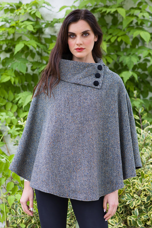 Irish Tweed Poncho - Grey Herringbone