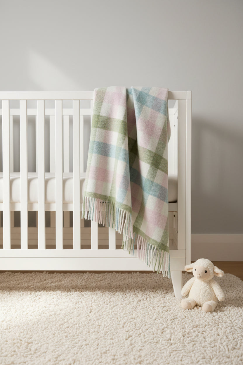 Plaid blanket draped over a wooden chair on a textured floor.