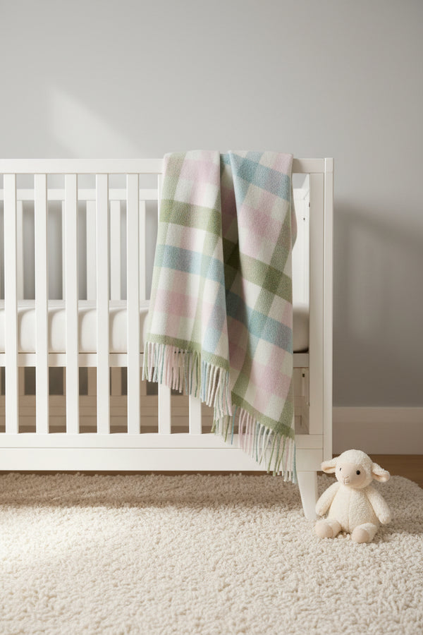 Plaid blanket draped over a wooden chair on a textured floor.