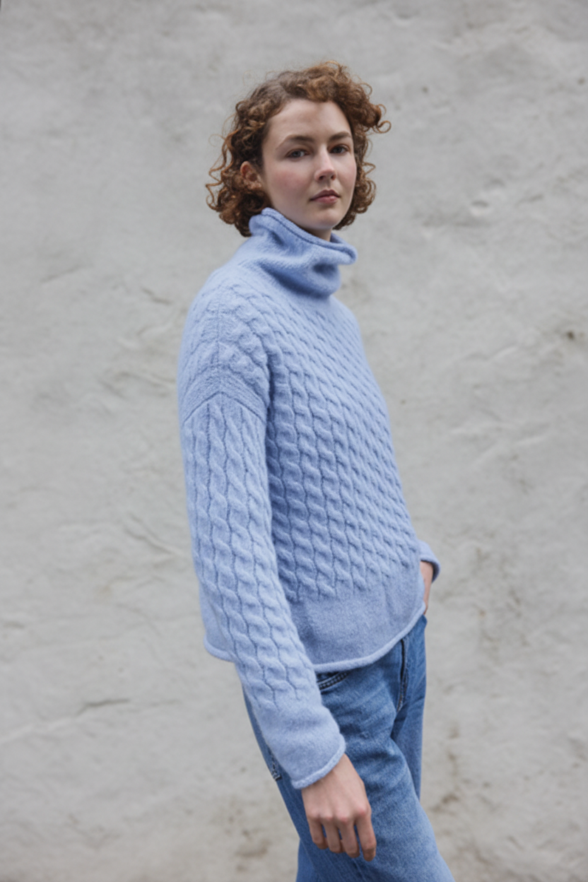 A woman wearing a light blue cable-knit turtleneck sweater and blue jeans, standing against a dark textured rock wall.