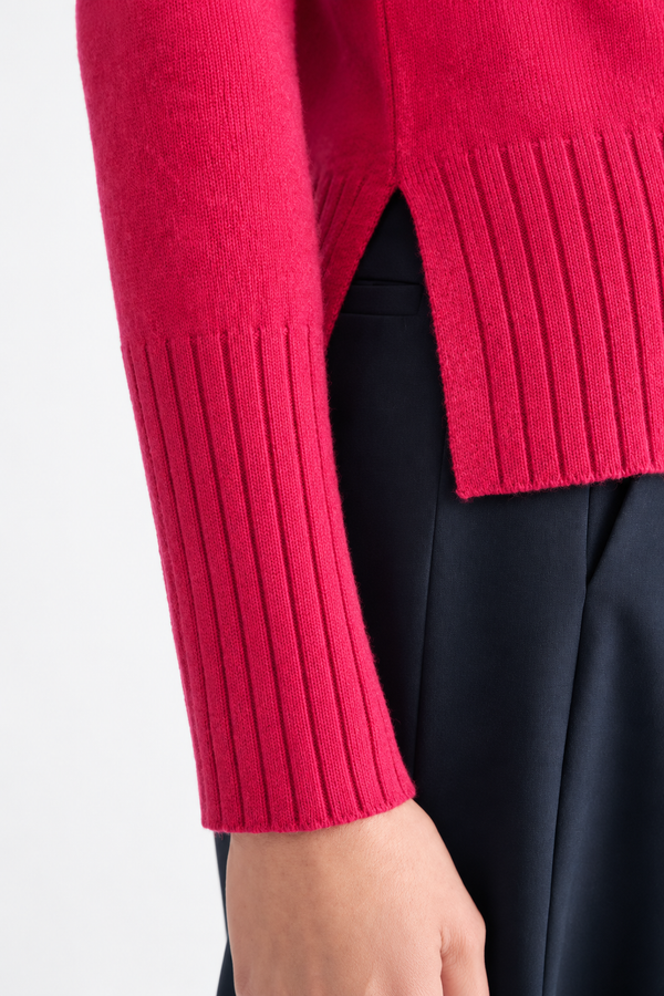 Hi Low Rib Trim Funnel Neck Cashmere Sweater - Cranberry