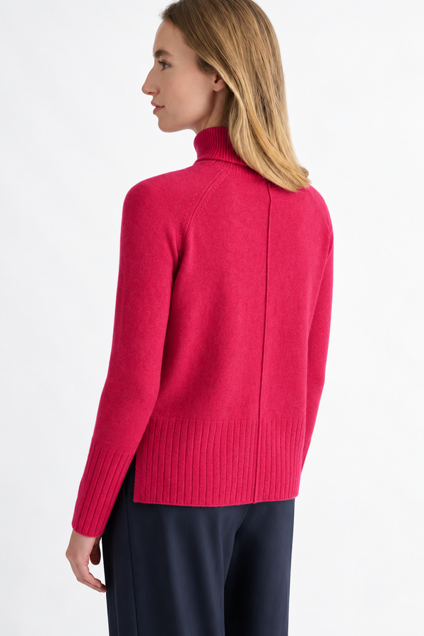 Hi Low Rib Trim Funnel Neck Cashmere Sweater - Cranberry