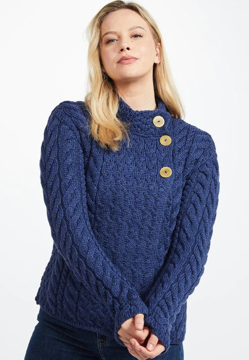 Louisburgh Ladies Cable Aran Cardigan - Ink Blue