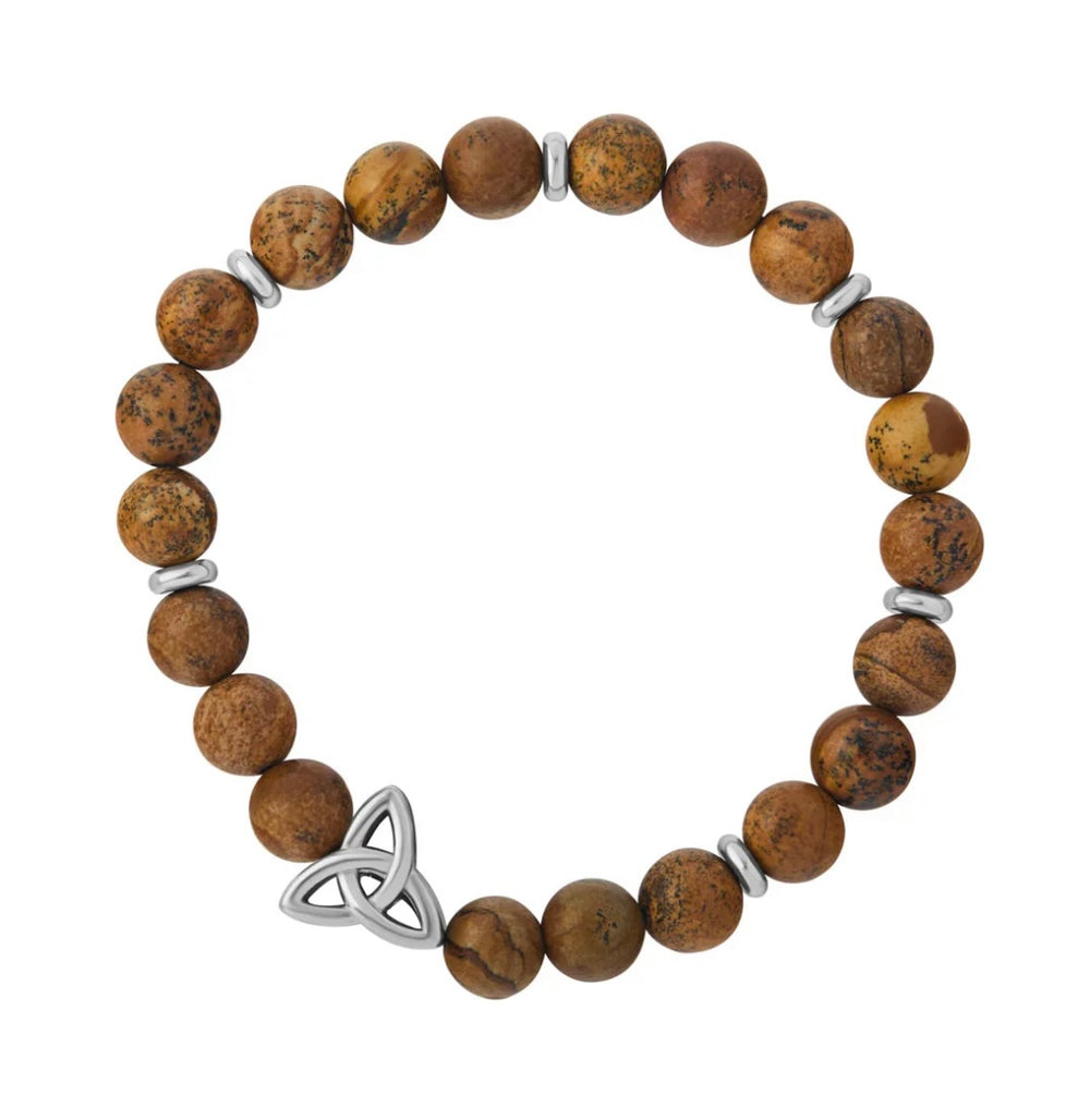 Rhodium Trinity Knot Brown Bead Bracelet