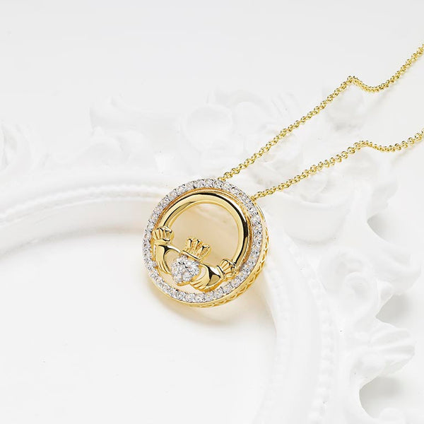 14kt Gold Vermeil Claddagh white Sapphire Necklace