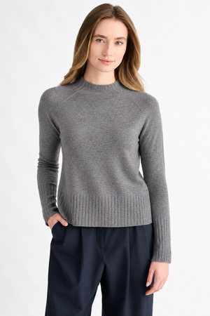 Hi Low Rib Trim Funnel Neck Cashmere Sweater - Granite