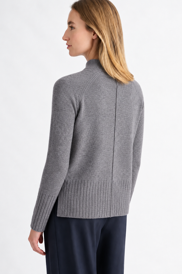 Hi Low Rib Trim Funnel Neck Cashmere Sweater - Granite