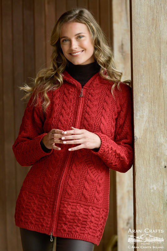 Galway Irish Cable Knit Hooded Coat - Cherry