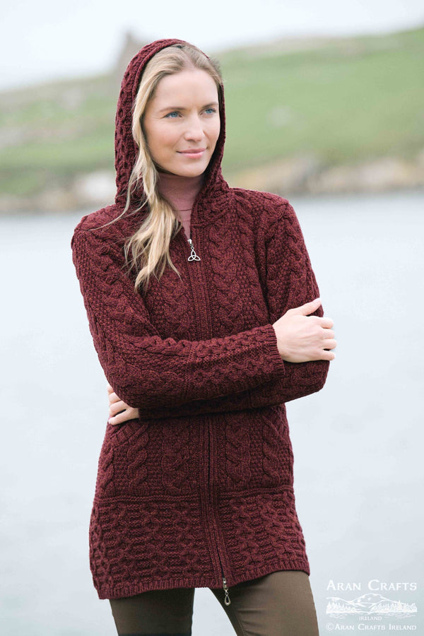 Galway Irish Cable Knit Hooded Coat - Dark Ember