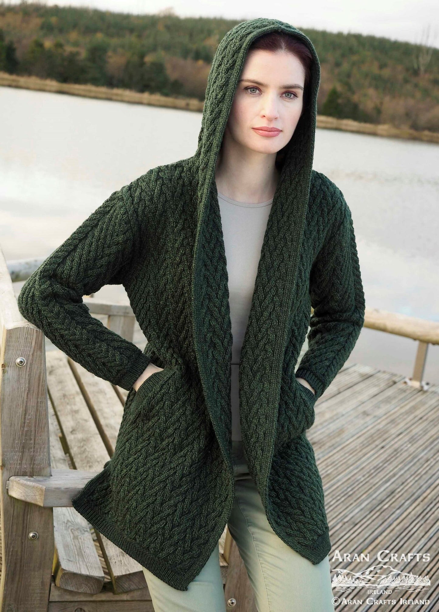 Mayo Shawl Open Cardigan w/ Hood - Army Green