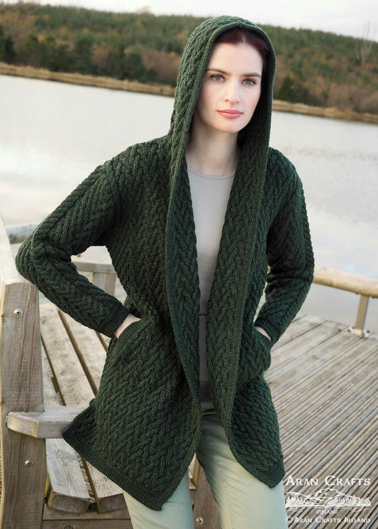 Mayo Shawl Open Cardigan w/ Hood - Army Green